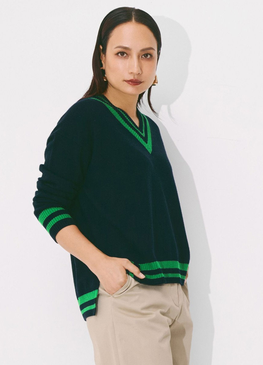 毛料復古V領配色針織衫